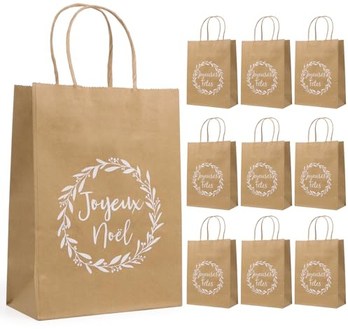 10Pcs Sac Cadeau Noël Papier Kraft Pochette Emballage avec Poignée “Joyeux Noël” “Joyeuses Fêtes” Marron Blanc 15 * 8 * 21cm