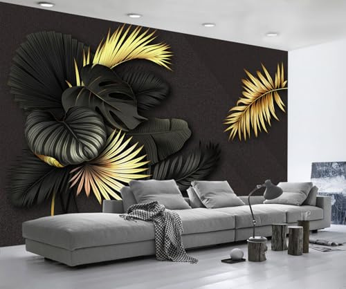 Mural Wallpaper Black Plants with Golden Leaves Wallpaper 3D Effect Murals for Bedroom and Living Room Wall Decoration -KX02086, 400x280cm