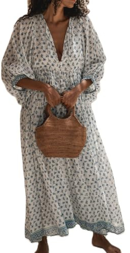 FeMereina Women's Deep V Neck Puff 3/4 Sleeve Long Dress High Waist Floral Print A Line Midi Dresses Smocked Ruffle Flowy Casual Dress