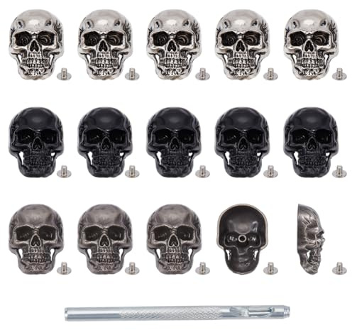 OLYCRAFT 15 Stück 3 Farben Totenkopf Nieten Für Kleidung Totenkopf Nieten Knöpfe Skelett Nieten Goth Mental Conchos Pins Gothic Stil Knopf 3D Skelett Pins Für Lederhandwerk Stiefel Gürtel