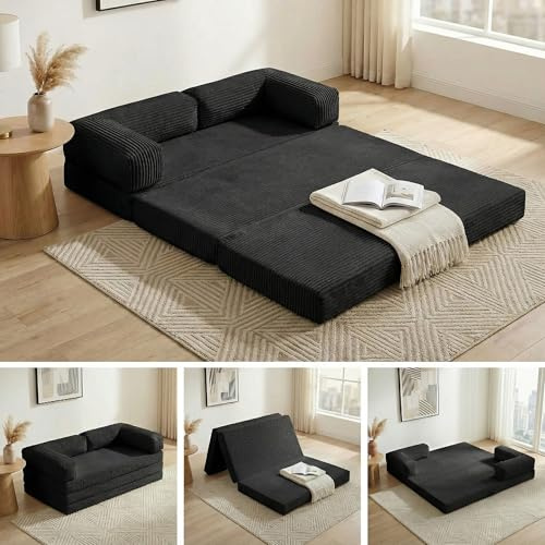 Convertible Sofa Bed Queen,5-in-1 Tri-Fold Boneless Couch with Removable Armrests & Handle,Corduroy Futon Sleeper Sofa,Floor Folding Mattress Pull Out Bed for Small Space Apartment Living Room Bedroom