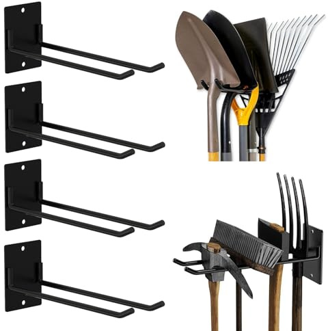 Livoravoli 4 Pack Garage Storage Hooks, Heavy Duty Wall Mounted Shed Garden Tool Storage Rack, Indoor Tool Organiser Hanging Rack for Shovels, Rakes, Brooms, Ladders