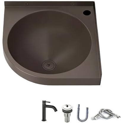 Lavabo Bagno Angolare a Parete con Rubinetto, Lavandino Bagno Multiuso in Acciaio Inossidabile per Camper, Roulotte, Cucine di Piccoli Appartamenti, Bagni, Barche e Bar(Brown)
