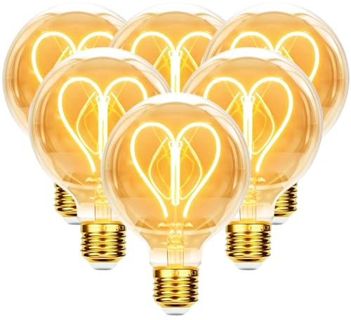 Glühbirne E27 LED Vintage 4W Dimmbar mit Herzförmiges Filament - 6 Stück | Edison Vintage Glühbirne E27 Warmweiß Retro Dekorative Bernstein Glas für Nostalgie und Retro Beleuchtung im Haus Café Bar