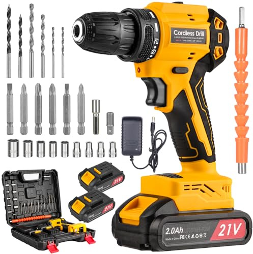 Perceuse Visseuse Sans Fil 21V avec 2 Batteries 2000mAh, Brushless 80Nm, 26 Embouts, Mallette, Kit Complet pour Bricolage Maison