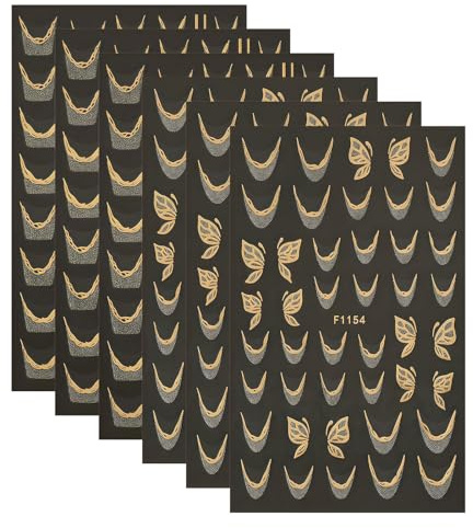 Ruispeed Französische Linie Nagelsticker – Golden Glitter French-Tip Nail Art Stickers mit Streifen, Welle & Schmetterling, 6-teilige Nagelaufkleber für DIY Nail Design