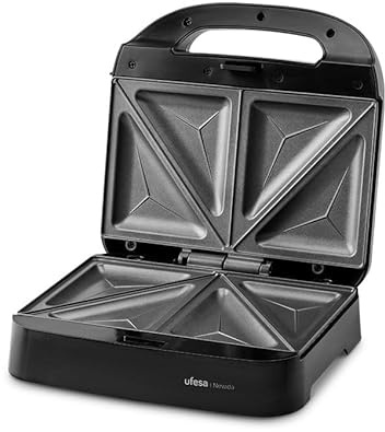 Ufesa Sandwichera Nevada 750W, 2 Sándwiches, Placas Triangulares Antiadherentes, Temperatura Automática, Compacta con Almacenamiento Vertical, Libre de PFOA, Acabados Inox, Sistema Recogecables