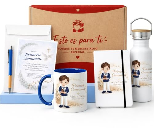 Kembilove® Pack Primera Comunión Niño Personalizado con Nombre y Fecha – Kit Completo con Taza, Libreta, Botella, Caja, Tarjeta y Bolígrafo – Regalo Original y Recuerdo Emotivo