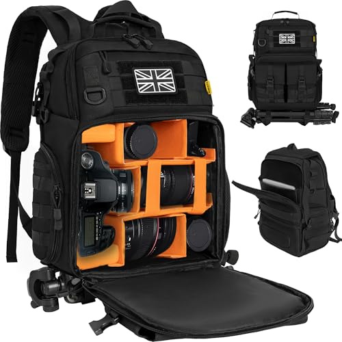 OUUTMEE Tactical Camera Backpack, Camera Rucksack with Waterproof Cover | DSLR/SLR Photographers Travel Backpack with 15.6 Laptop Compartment, Removable Padded Insert Tripod Holder Strap (Black)