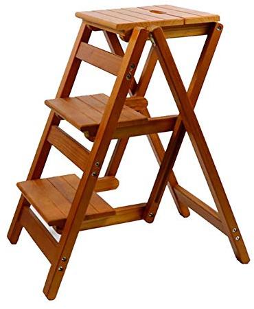 Tabouret escabeau 3 marches Pliable et Multifonctionnel, en Bois Massif, Marron
