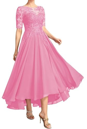 Te längd chiffong brudens mor klänningar för kvinnor båthals formell aftonklänning spets applikation bröllop gästklänning, Rosa (Hot Pink), 48 SE/Plus