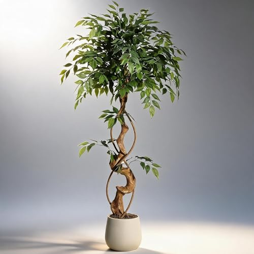 GarveeMore Artificial Ficus Tree 120-180 cm, Kunstpflanzen Groß Inklusive Weißem Blumentopf, Kunstpflanze Outdoor Wetterfest Für Wohnzimmer, Schlafzimmer, Bürodekoration