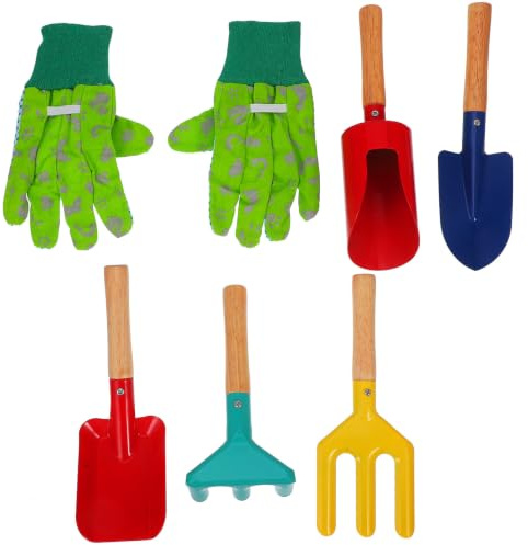 TEHAUX Set di Attrezzi da Giardino Resistenti e Non Deformabili 6 Pezzi Pala, Rastrello e Scavino in Ferro e Legno per Giardinaggio Indoor e'aperto