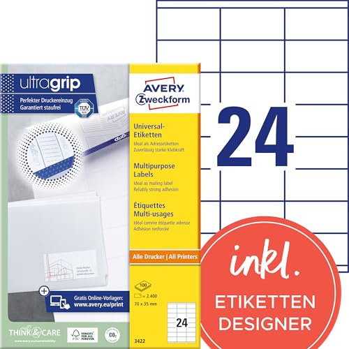 AVERY Zweckform 3422 Adressaufkleber (2.400 Klebeetiketten, 70x35mm auf A4, Papier matt, bedruckbare Absenderetiketten, selbstklebende Adressetiketten mit ultragrip) 100 Blatt, weiß