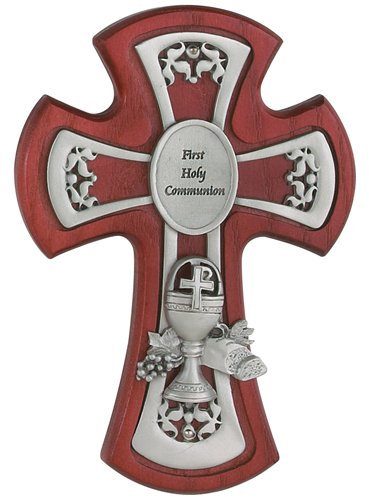 KeegansCatholicTreasures Erste Kommunion Wand Kreuz Andenken 15,2 cm Cherry gebeizt Kreuz mit Zinn Kelch Kommunion Kreuz