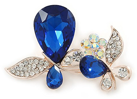 Clair Cristal, pierre en verre Bleu Double Papillon Broche en plaqué or – 50 mm de long