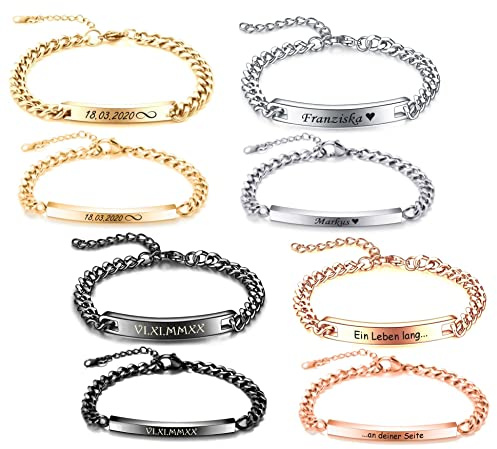 aplusashop ID Edelstahl Partner Armbänder + Gravur nach Wunsch Partnerarmbänder mit Box