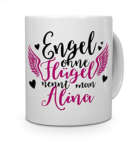 printplanet Tasse mit Namen Alina - Motiv Engel - Namenstasse, Kaffeebecher, Mug, Becher, Kaffeetasse - Farbe Weiß