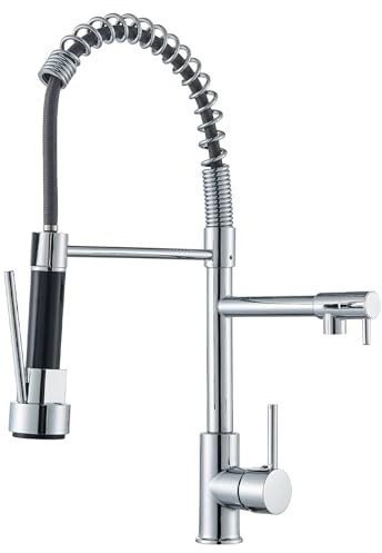 Grifo Cocina Para Fregadero 2 Salidas Con Ducha Extraible 360°Rotación Grifo Muelle Profesional de Cocina y Lavabo Fría/Caliente Alternativa,Dos Tipos de Chorro,Color plateado R3/8”