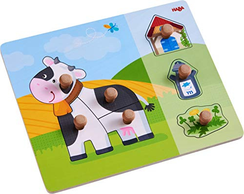 HABA 304591 - Greifpuzzle Kuh Annabell, 7-teiliges Holzpuzzle mit Kuhmotiv und großen, griffigen Holzknöpfen, Holzspielzeug ab 12 Monaten