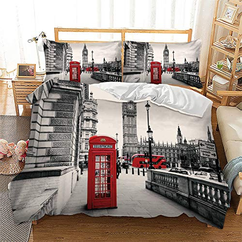 Loussiesd London Stadt 3D Print Betten Set Rot Telefonzelle Bettwäsche Set Microfaser Himmlische Qualität Grau Modern City Landschaft Bettbezug mit 1 Kissenbezug 2 teilig 135x200 cm + 80x80 cm Kinder