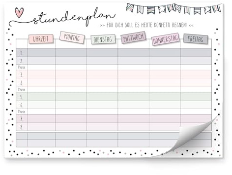 younikat Stundenplan Papier Block 25 Blatt Konfetti - DIN A4 - dv628 | Zum Beschriften und Abreißen, 25 Blätter, 120 g/m² Recyclingpapier, geleimt auf Graukarton, zum Schulanfang, Einschulung