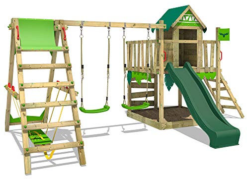 FATMOOSE Spielturm Klettergerüst JazzyJungle Jam XXL mit SurfSwing, Schaukel & grüner Rutsche, Outdoor Kinder Kletterturm mit Sandkasten Leiter & Spiel-Zubehör für den Garten