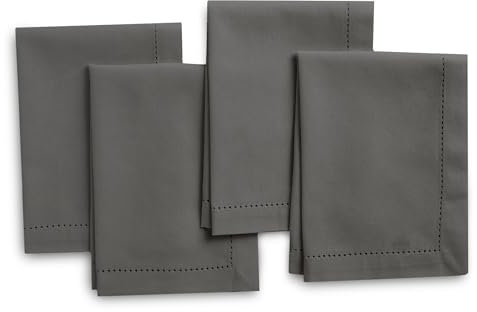 Encasa XO Stoffservietten Set von 4 | Reines Baumwolle mit Hohlsaum-Design | Grau | Quadratische Größe 43x43 cm | Tafelservietten – Waschmaschinenfest & Wiederverwendbar
