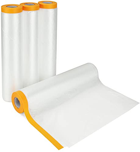 YAYODS 4 Pack Plastic Dust Sheet Rolls, 2.4M x 20M Masking Film Rolls with Self-Adhesive Tape, Transparent Pre-Taped Masking Film for Painting Decorating Covering