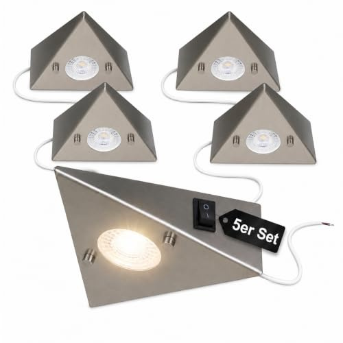 Trango - 5er Set 6739-52 LED Küchenunterbauleuchte - Aus Edelstahl-gebürstet - Inkl. 5x 4.8 Watt LED Modul - 3000K warmweiß - Dreieck Schrankleuchte inkl. Schalter - 230V - Beliebig erweiterbar