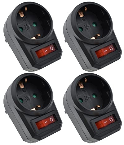 4 Steckdosenadapter mit Schalter inkl. Kindersicherung schwarz (spart Strom und schont die Umwelt)