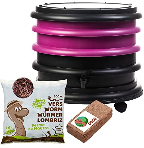 WORMbox | Vermicompostaggio 2 Vassoi Lampone + 250g di Vermi Lombrichi / 500 pz. + 1 Cocco | 32 Litri | Compost di Rifiuti Organici Compostiera Vermifuga Lombricompostiera | Lombrichi = Humus lombrico