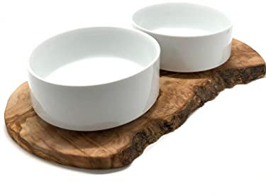 D.O.M. Rusty Mangeoire en bois d'olivier avec 2 bols en porcelaine 1,5 l
