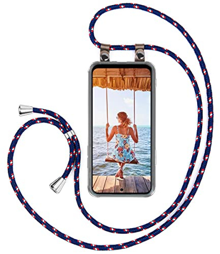 moex Handykette für Redmi Note 12 (4G) Hülle mit Band abnehmbar, Handyhülle mit Kette zum Umhängen, Handyband 155 cm lang Stoff Kordel Umhängehülle, Handy Umhängeband, Blau Rot