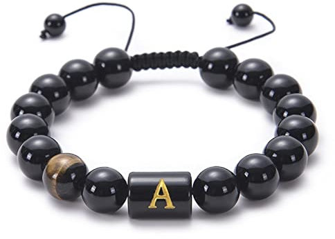 Whoiy Perlenarmband, Armband Schwarz Onyx Verstellbare Perlen mit Buchstabe A Geburtstagsgeschenk Perlenarmband 18cmx10mm