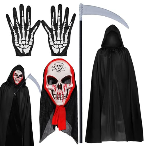 Zkaoai Halloween Umhang Set, Schwarzer Umhang mit Kapuze + Halloween Gesicht Maske + Skelett Handschuhe + Sense Des Todes, Halloween Skelett Kostüm, Halloween Hexe Umhang für Halloween, Maskerade
