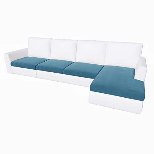 Rosnek Velvet L Shape Sofa Cover, 4 Pieces (3 Seater + 1 Chaise), Non Slip, Stretchy & Thicker, Pet Protectors, Blue