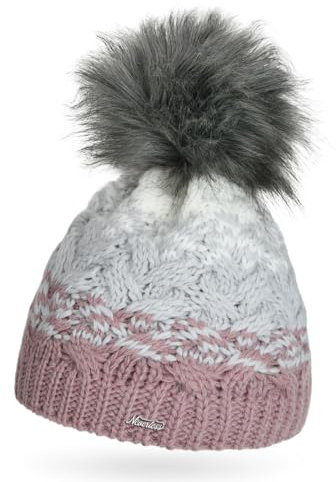Neverless® Damen Strick-Mütze mit Fleecefutter Fell-Bommel Kunstfell Wintermütze Bommelmütze Grobstrick Mehrfarbig rosa-hellgrau-Creme Unisize