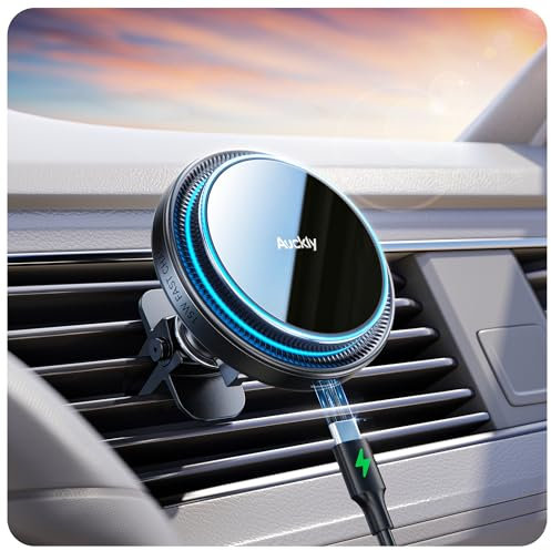 Auckly 15W for MagSafe Car Mount Charger, (3.81 lbf) Strong Magnetic Wireless Car Charger, Air Vent/Dashboard, Phone Holder Mount for iPhone 16/15/14/13/12 & Samsung, Fast Charging, Aluminium, Black