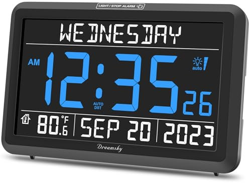 DreamSky Orologio digitale demenza per anziani, calendario giorno orologio con data e giorno della settimana, 6 allarmi forti, ampio display colorato, batteria di riserva, dimmer luminosità, piccoli