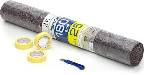 KK Verpackungen® Malerset 5-teilig | Set mit 1m x 25m 180 g/m² Malervlies - 3 Stück 30 mm x 50 m Kreppband - 18 mm Cuttermesser