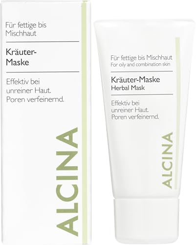 ALCINA Kräuter-Maske - 1 x 50 ml - Fettige Haut - Lässt die Poren verfeinernd erscheinen - Mildert Rötungen - Effektiv bei unreiner Haut - Mit Kaolin, Salbei und Lavendelöl
