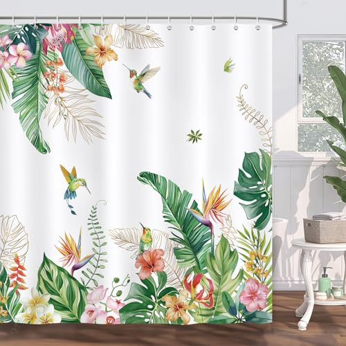 Bonhause Rideau de Douche Feuilles Fleur de Tropical Colibri Rideau de Bain Tissu Polyester Anti Moisissure Imperméable Lavable Rideaux Salle de Bain 180 x 180 cm avec 12 Crochets pour Baignoire
