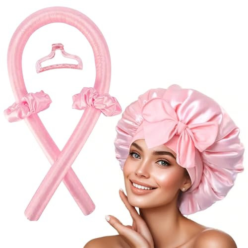 Hroevc Set di bigodini per capelli e cuffia in seta, riccioli senza calore durante la notte con cofano per dormire, senza calore, con cuffia in raso per dormire, asta arricciacapelli senza calore e