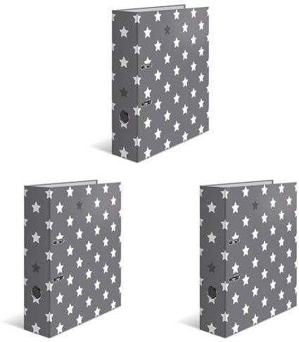 HERMA Ordner A4 Sterne Grau Weiß, 7 cm breit, Kinder Ringordner mit Stern Motiv, bunter Aktenordner mit Innendruck für Jungen und Mädchen (Packung mit 3)