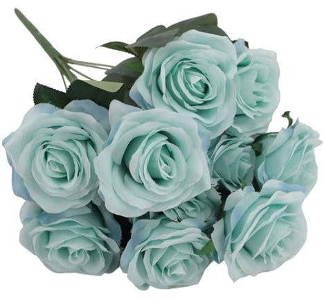 Rosas azules de 1 por ciento flores artificiales, tela de seda de 17 pulgadas de 10 rose ramo de rosa azul, flores azules decorativas con bajo mantenimiento para centros de mesa en casa, fiesta,.