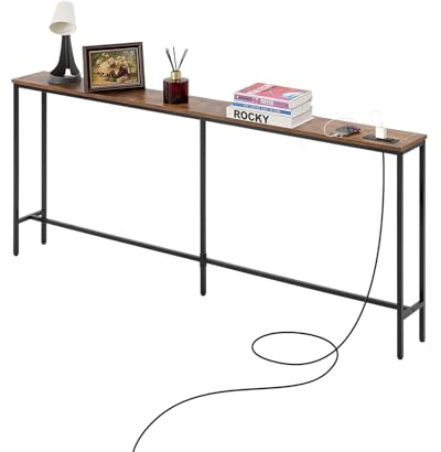 VEVOR smalt konsolbord, entrébord (178 cm längd) med uttag, 1-stegs hallbord, sidobord soffbord med metallram och laddningsstation, för entré, hall, vardagsrum