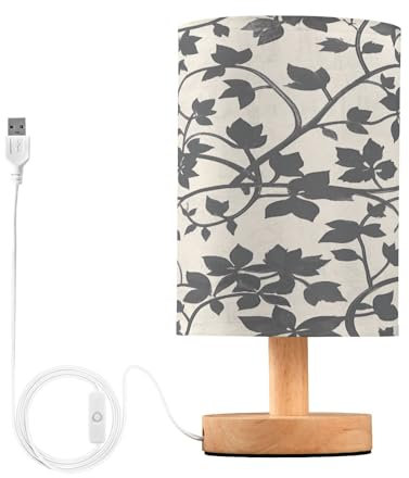 voucong Vintage Rattan Leaf Print Grey Led Desk Lamp with USB Port for Glass Table Travel Night Light