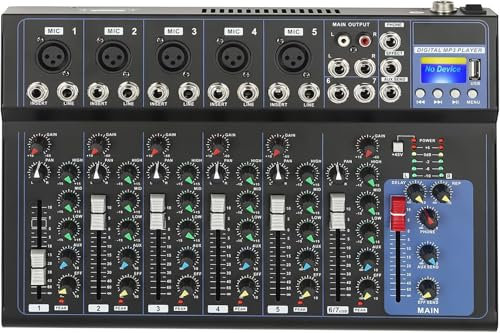 Mesa de Mezclas DJ 7 Canales, Mixer de Audio & Interfaz USB, Mezclador de Sonido Bluetooth, Ideal para Podcasting, Grabación & Streaming en Vivo, Consola DJ para Principiantes y Profesionales