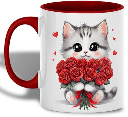 Kaffeebecher Katze Mit Roter Blume Porzellantasse Bedruckt Lustig Trinkbecher, Für Daheim, Büro, Tee, 330ml